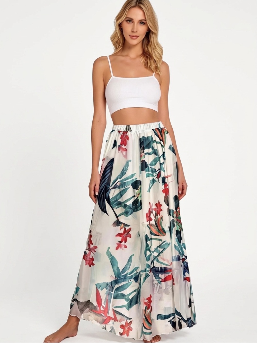 Chicwish White Maxi Skirt with Green & Red Tropical Print
